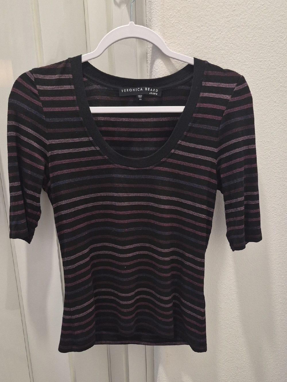 Veronica Beard Black and Purple Striped Scoop Neck Tee